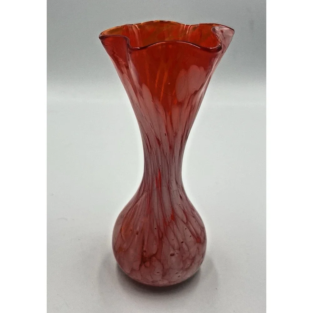 VTG Japanese Art Glass Bud Vase Orange‎ White Spatter 7.5
